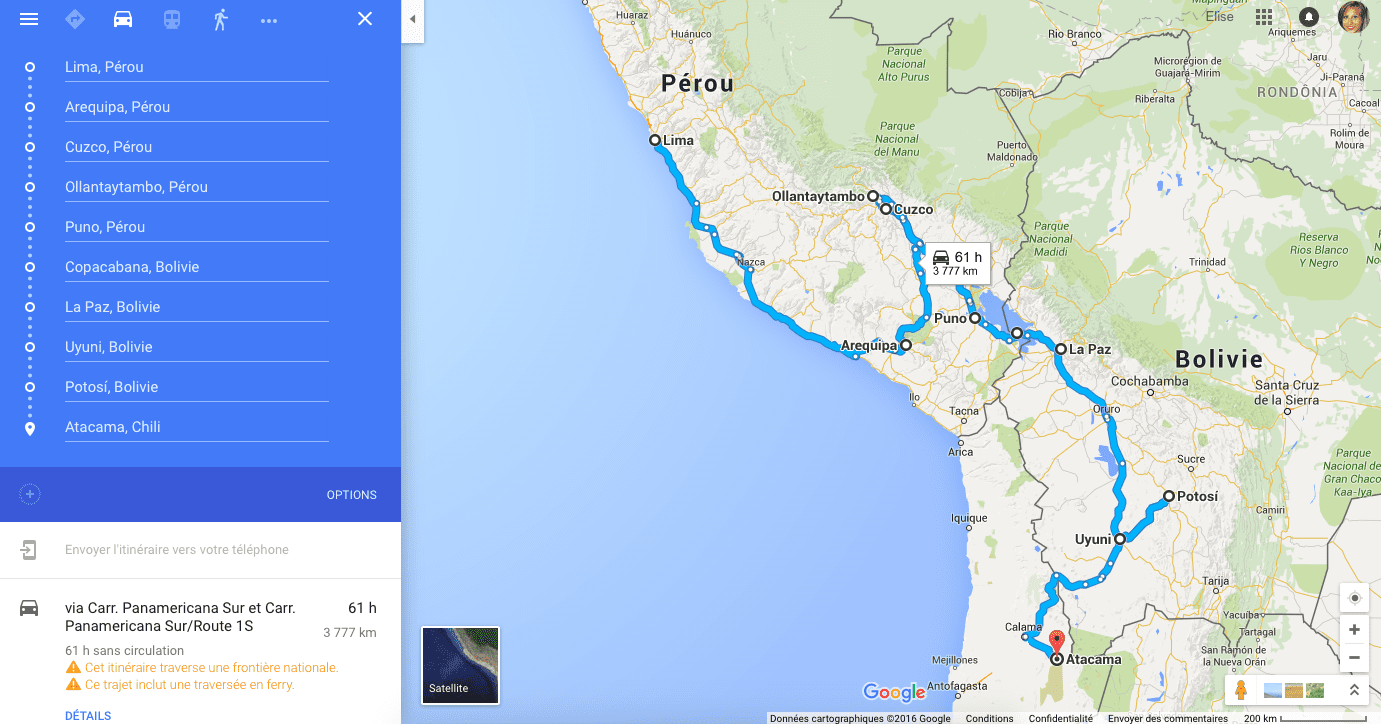 Itinéraire qui reprend les grandes étapes de notre voyage à travers 3 pays : Pérou, Bolivie, Chili